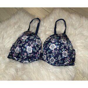 Victorias Secret Push Up Bra Floral Padded Underwire Womens 34D Blue